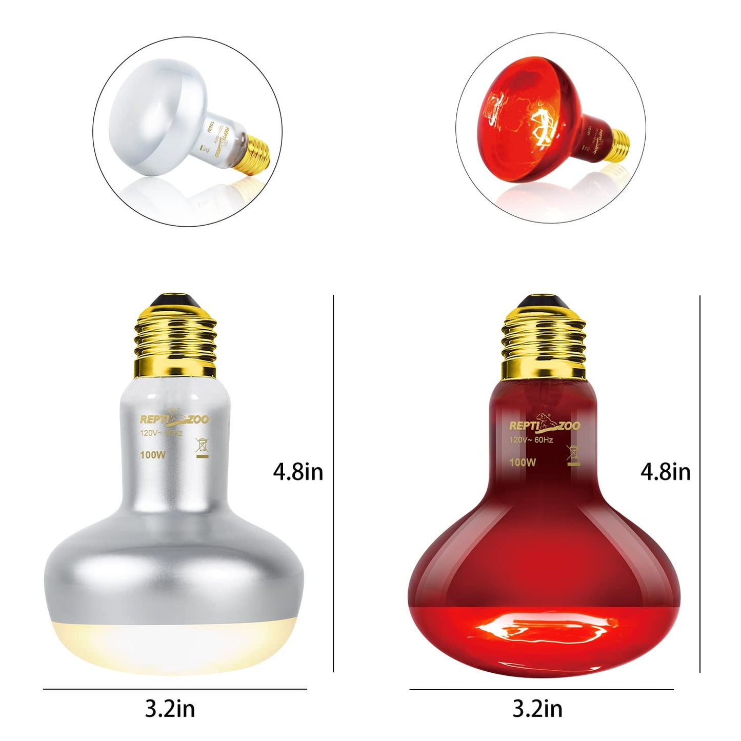 REPTI ZOO Reptile Dual Lamp Fixture Heat Lamp Bulb Combo Pack Includes 100W UVA Daylight Heating Lamp and 100W Infrared Heat Emitter Infrared Basking Spot