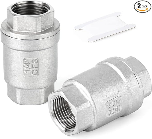 TAISHER 2PCS 304 Stainless Steel 1/4" Female Vertical Check Valve，Backflow Prevention, One Way Spring Check Valves CF8 WOG 1000
