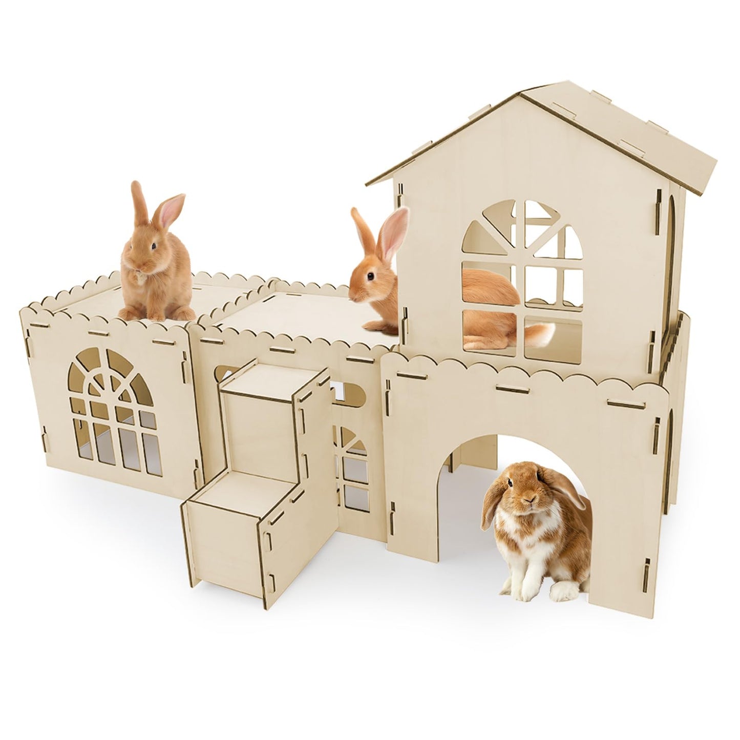 YUEPET Extra Large Wooden Bunny Castle, Ventilated Rabbit Castle Hideaway with Stairs, Detachable Small Animal Hideout & Habitats for Indoor Outdoor Dwarf Rabbits Bunnies to Hide & Play