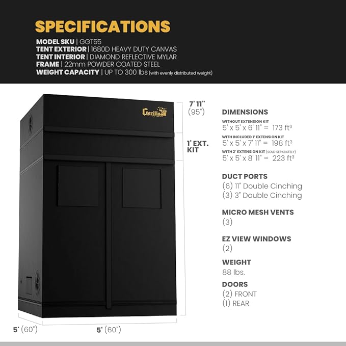 Gorilla Grow Tent Pro 5' x 5' x 6'11 to 7'11 w/Included Extension Kit - Tallest Premium Indoor Grow Tent, Thickest & Most Durable Gorilla Canvas, Strongest w/ 300lb Hang Capacity, Hydroponic Grow Box