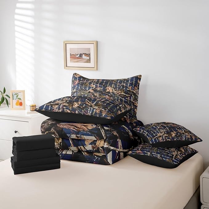 Feelyou Tree Branches 7 Pieces Bedding Set, for Kids Wild Hunting Leaf Bed Set King Size Botanical Tree Bed in a Bag with Comforter, Sheets, Pillowcases Bedroom Decor Nature Theme Navy Blue Brown
