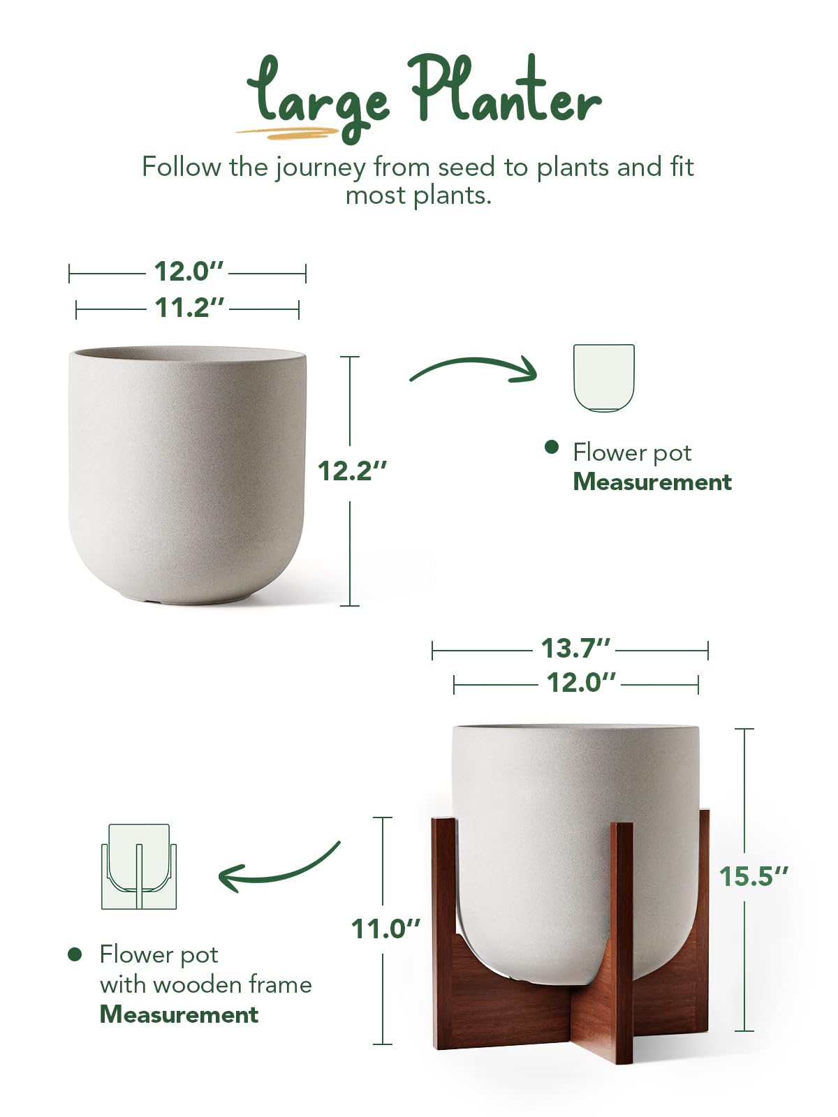 LE TAUCI 12 Inch Plant Pot with Acacia Wood Stand, Ceramic Large Planters for Indoor Plants, Indoor Pots for Plants Office Living Room, Cylinder Planter with Drainage Hole and Plug, Neutral Gray