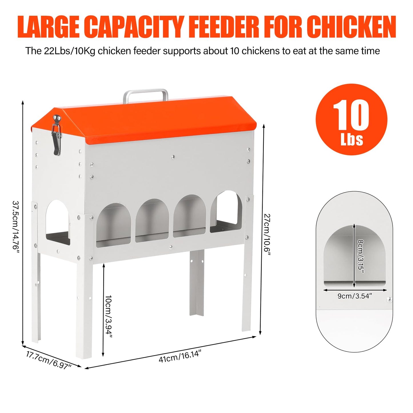 MUDUOBAN Chicken Feeder No Waste 15 Pound,10 Feeding Ports,with Metal Feeder Box Stands for Chicken Poultry Duck,No Food Buildup at The Bottom