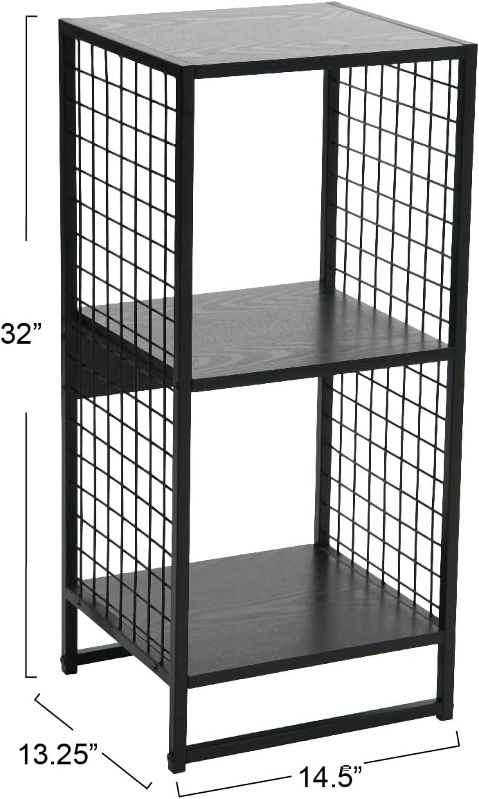 Household Essentials Trellis Open Storage Bookshelf with 2 Cube Compartments Black Oak Wood Grain and Black Metal