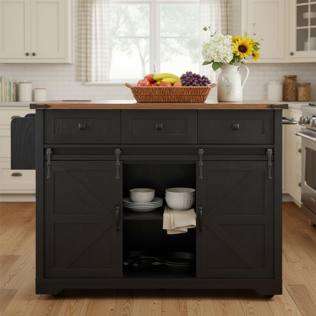 Casaphoria Kitchen Island with Storage, 53.7" Rolling Kitchen Cart on Wheels with Power Outlet, Drop Leaf, Spice Rack, Farmhouse Style, Black