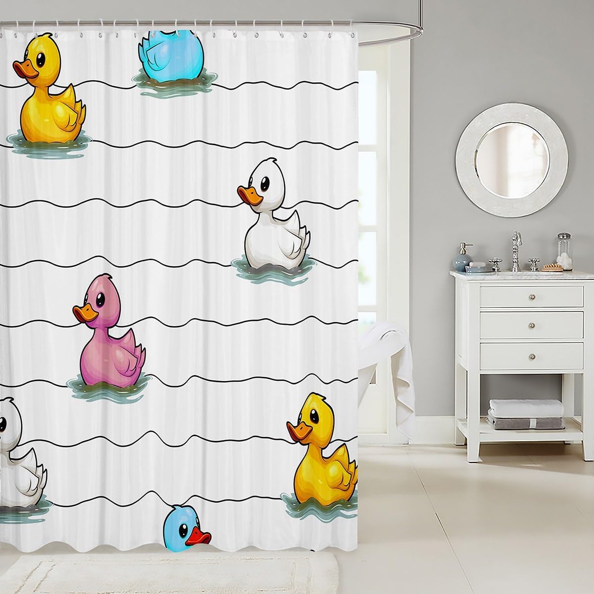 Erosebridal Cute Hand Drawn Duck Wave Lines Bath Curtain, Colorful Farmhouse Animal Waterproof Shower Curtain 72x72 for Kids Boys Girls