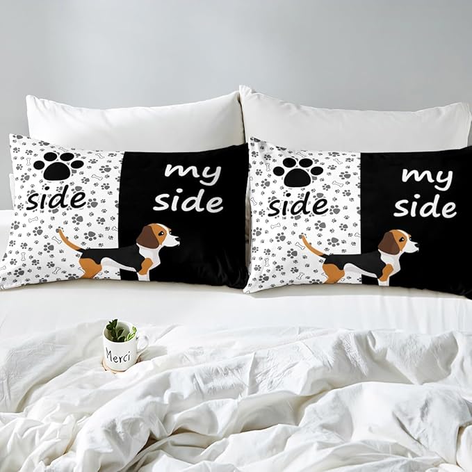 Erosebridal Lovely Dog Paw Bed Sheet Twin,Cute Puppy Bones Sheet Set for Kids Boys Girls,Black and White Animal Bedding Set Bedroom Decor,Dog Side My Side Fitted Sheet + Flat Sheet + 1 Pillowcase