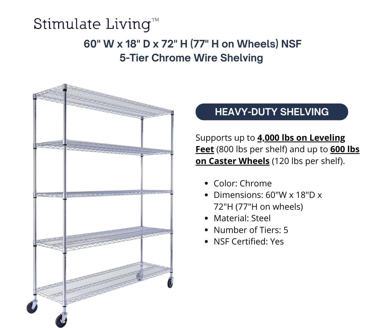 60"x18"x72" PRIME HEAVY DUTY Chrome 5-Tier Wire Shelving 4000 LBS MAX Capacity Storage Rack for Commercial, School, Home, Garage, Warehouse, Industrial, and Hospital Uses (with Wheels)