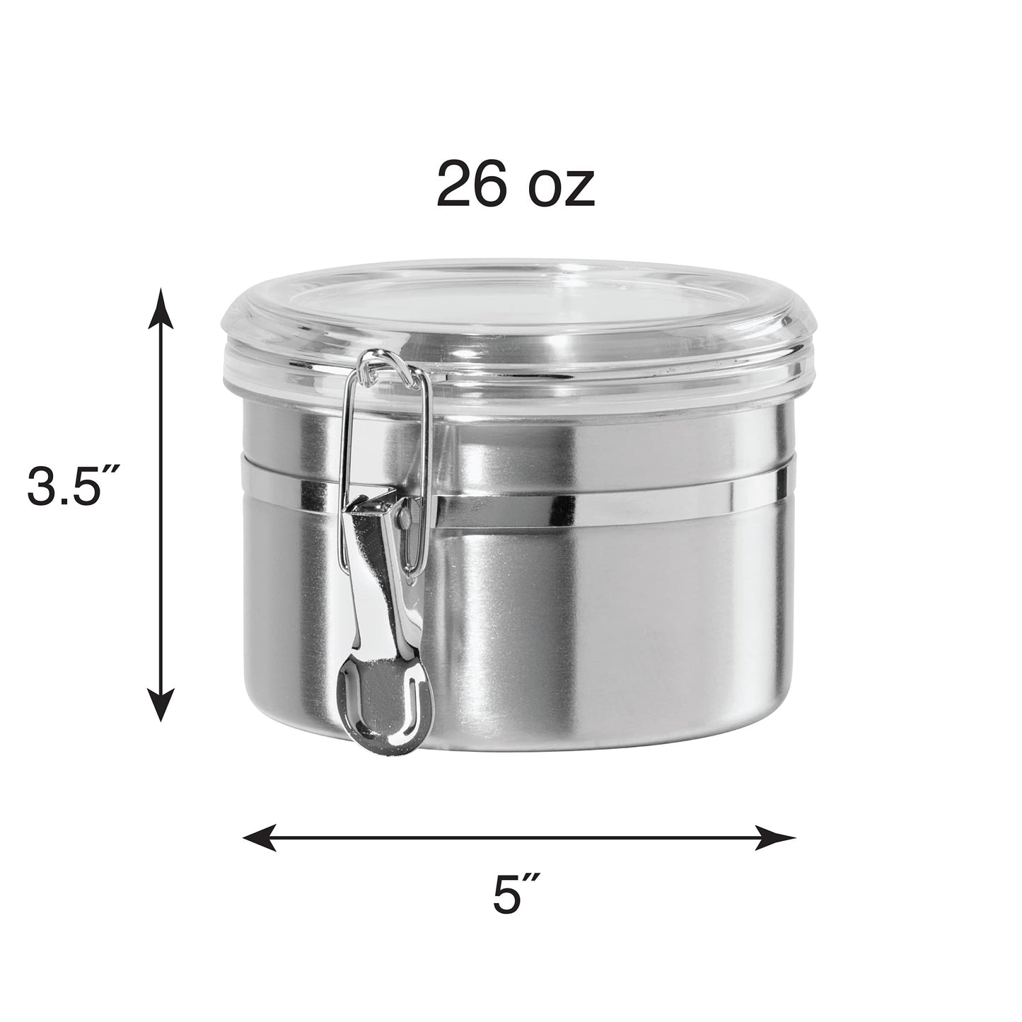 OGGI Stainless Steel Kitchen Canister 26 fl oz - Airtight Clamp Lid, Clear See-Thru Top - Ideal for Kitchen Storage, Food Storage, Pantry Storage. Size 5" x 3.5".