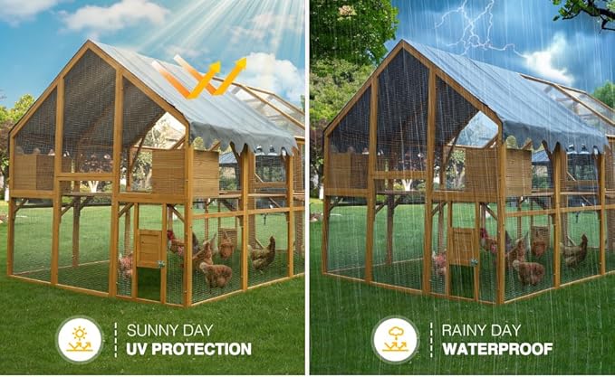 109.6'' Large Wood Chicken Coop Enclosures,Walk-in Poultry Cage, Chicken Run Pen Duck House with Walking Platforms & 2 Napping Houses,Waterproof and Anti-Ultraviolet Cover,Yellow