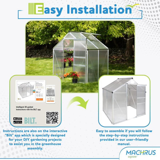 Machrus OGrow Small Greenhouses for Outdoors-Portable Walk in Large Greenhouse Kit for Plants - 4X6 Green Houses for Outside-Polycarbonate Greenhouse Panels with Vent Window, Heavy Duty Aluminum Frame