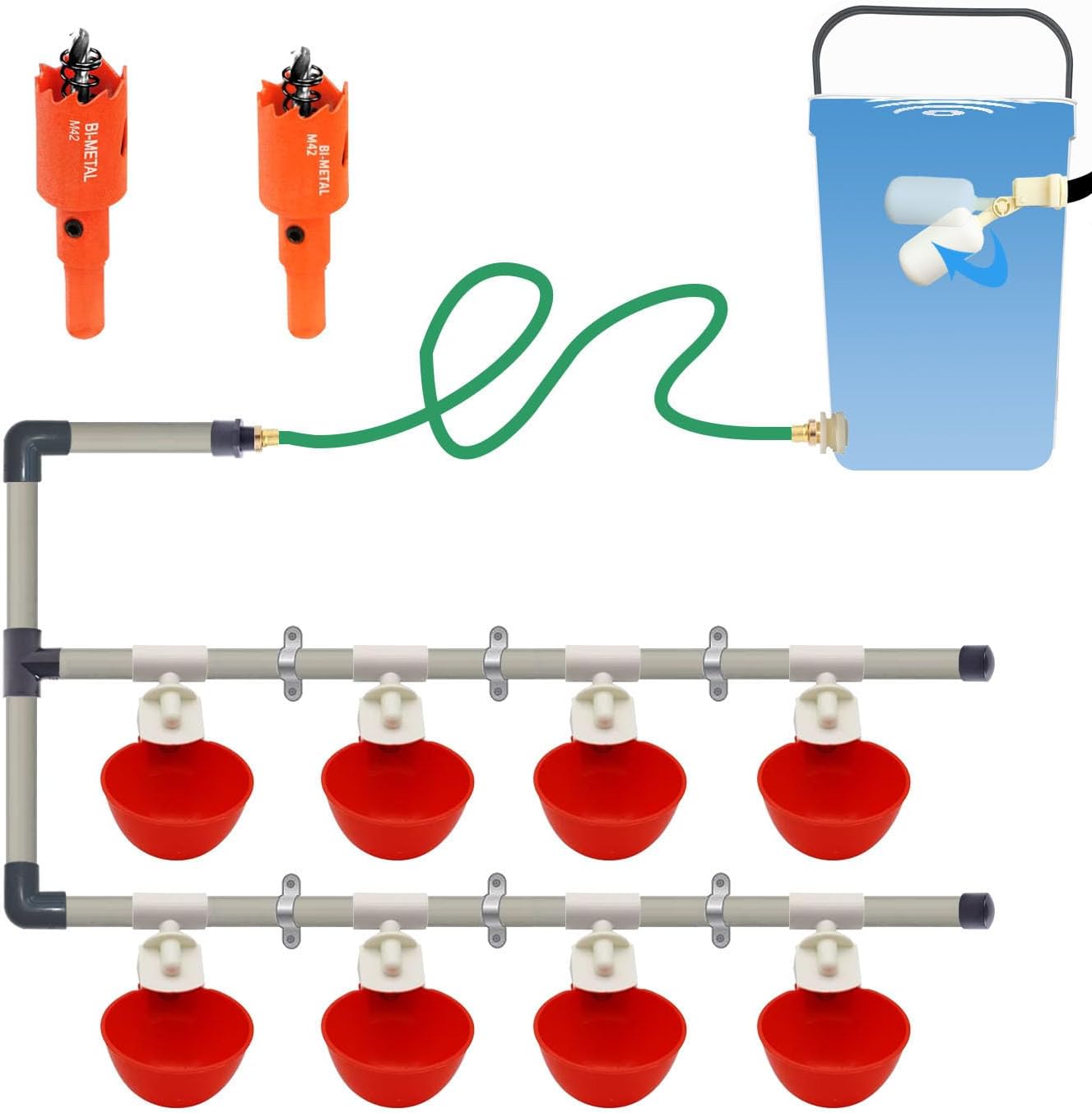 Complete Set Pipeline Automatic Chicken Watering System, 1/2" PVC Tee Fittings & PVC Pipe & Garden Hose, Chicken Water Cups, Poultry Waterer, Automatic Chicken Waterer, Chicken Nipple Waterer