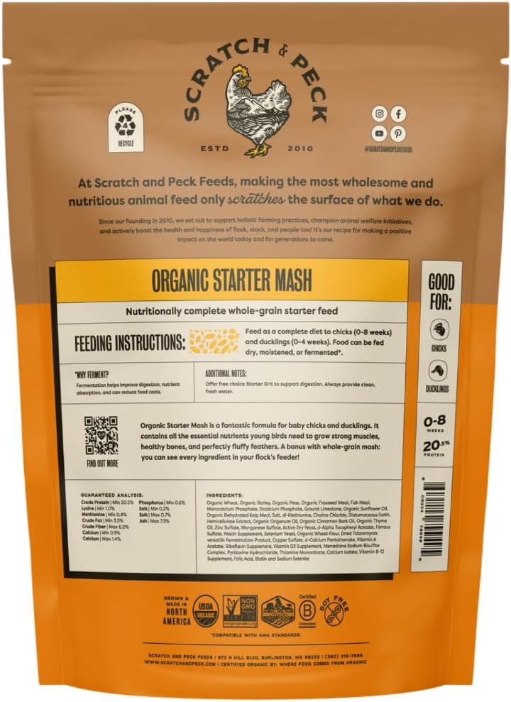 Scratch and Peck Whole Grain Starter Mash for Baby Chicks and Ducklings - 10 lb Bag - Corn and Soy-Free Feed with 20.5% Protein, Certified Organic and Non-GMO
