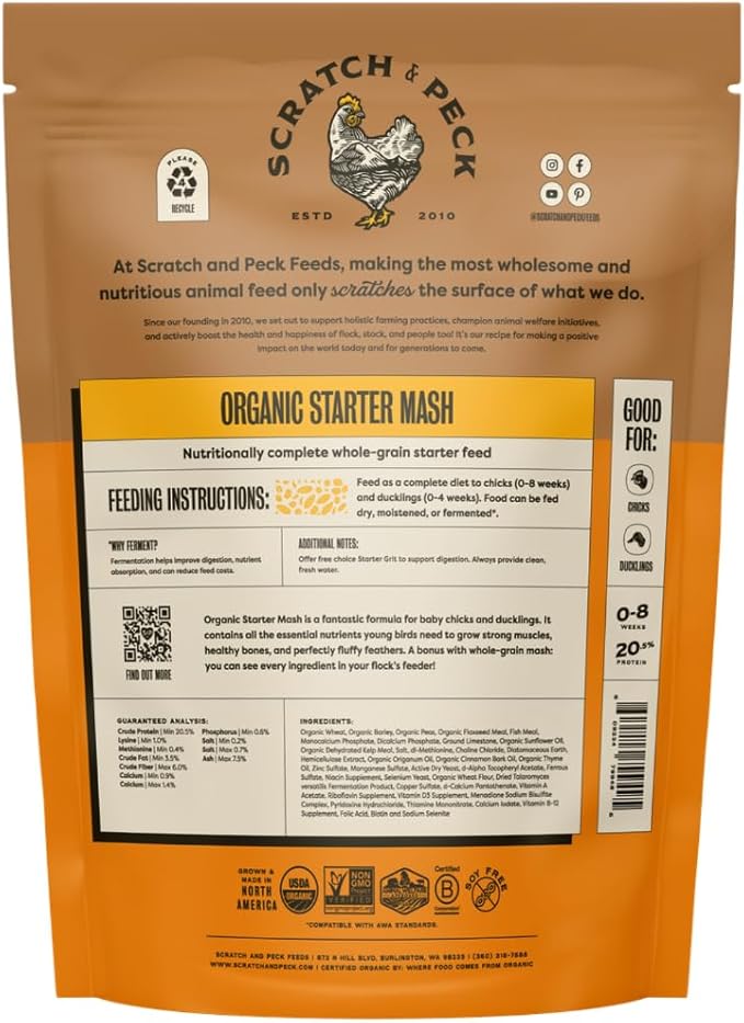 Scratch and Peck Whole Grain Starter Mash for Baby Chicks and Ducklings - 10 lb Bag - Corn and Soy-Free Feed with 20.5% Protein, Certified Organic and Non-GMO