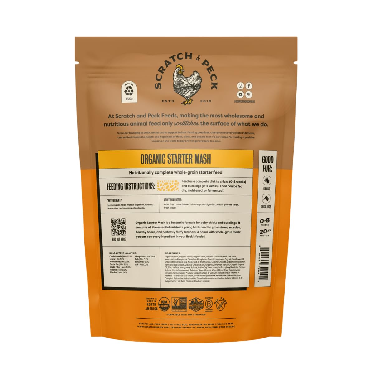 Scratch and Peck Whole Grain Starter Mash for Baby Chicks and Ducklings - 10 lb Bag - Corn and Soy-Free Feed with 20.5% Protein, Certified Organic and Non-GMO