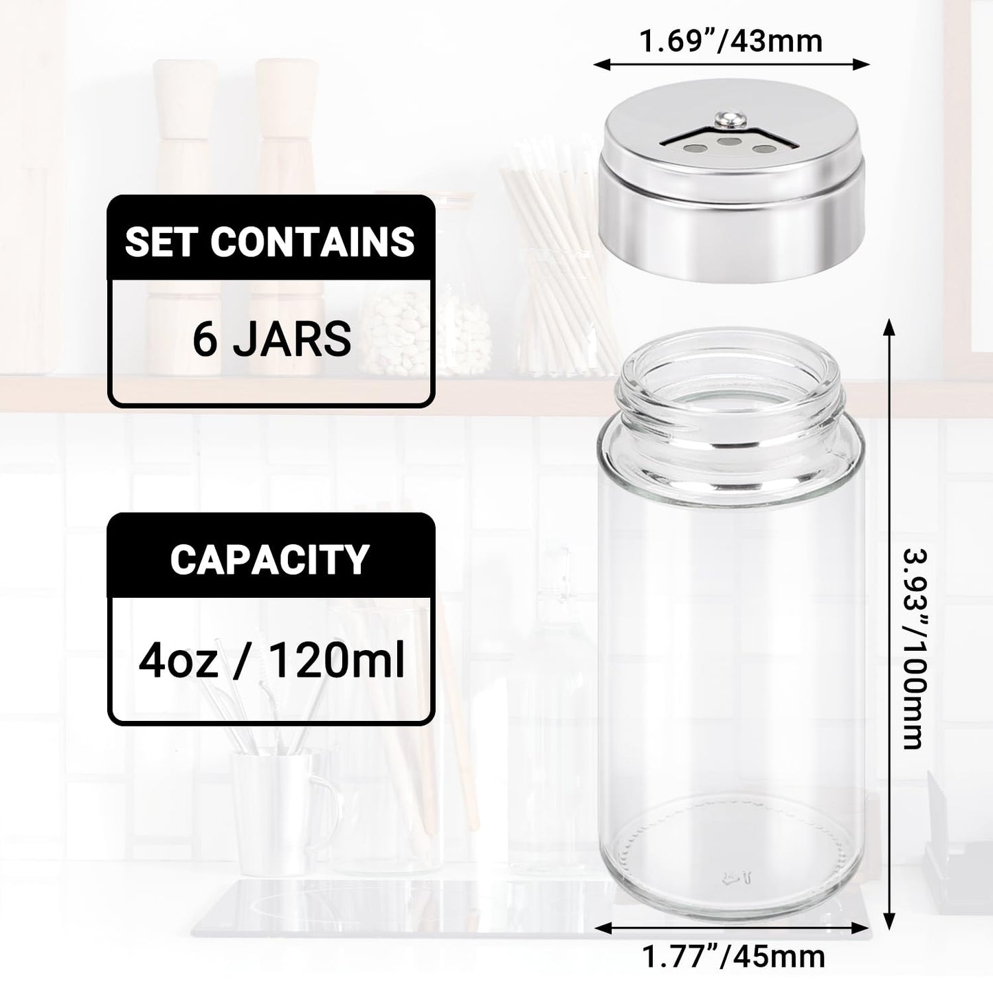 Segarty Spice Jar with Shaker Lids, 6 Pack 4 oz Glass Spice Jars with Adjustable Pour Large Holes for Herbs Grains, Clear Empty Seasoning Containers Spices Bottles Lid Salt Pepper Shakers