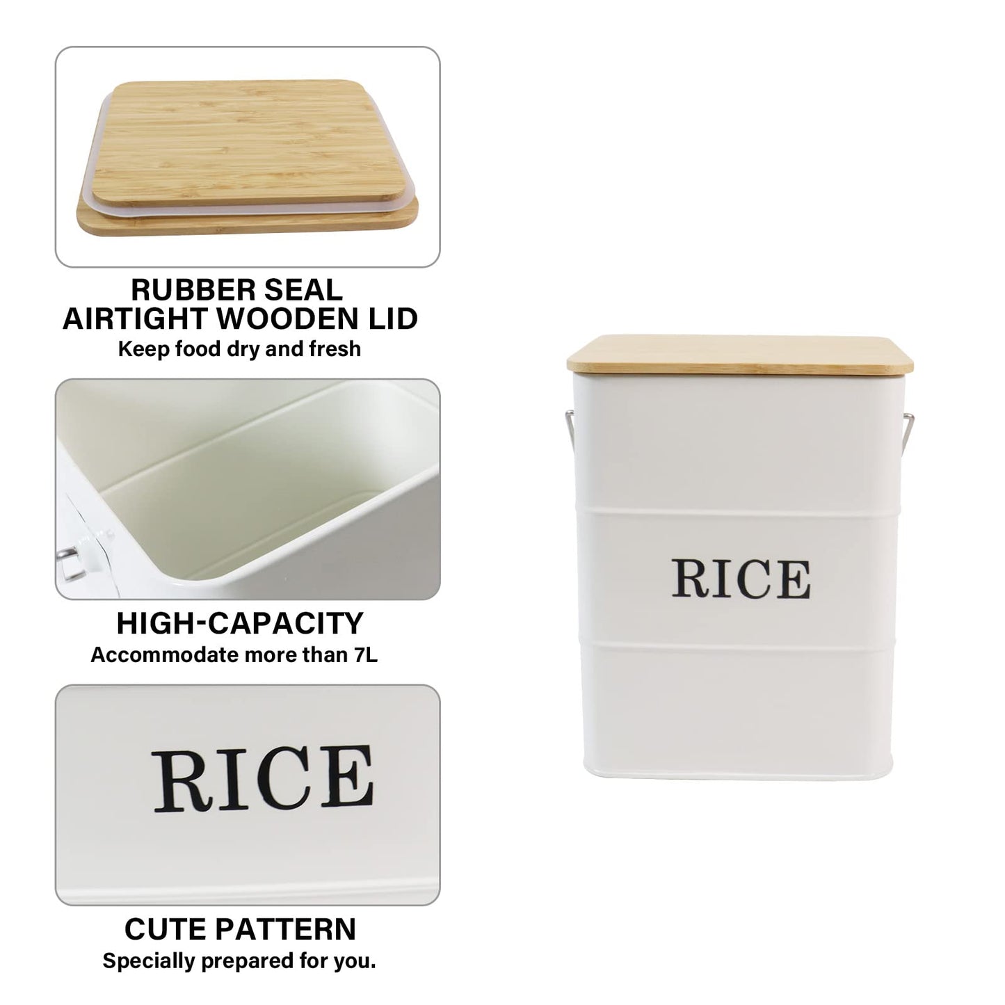 Gdfjiy Rice Container Metal Rice Storage Bin, Rice Storage Box with Airtight Bamboo Lid & Scoop, Food Storage Container for Rice Flour Soybean Grain Cereal (White)