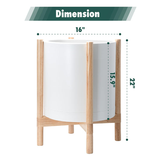 D'vine Dev Planter Pot with Stand - 16 Inch Plastic Cylinder Flower Pot with Wood Planter Holder for Indoor, Matte White Pot + Natural Stand, 55-C-Y-1