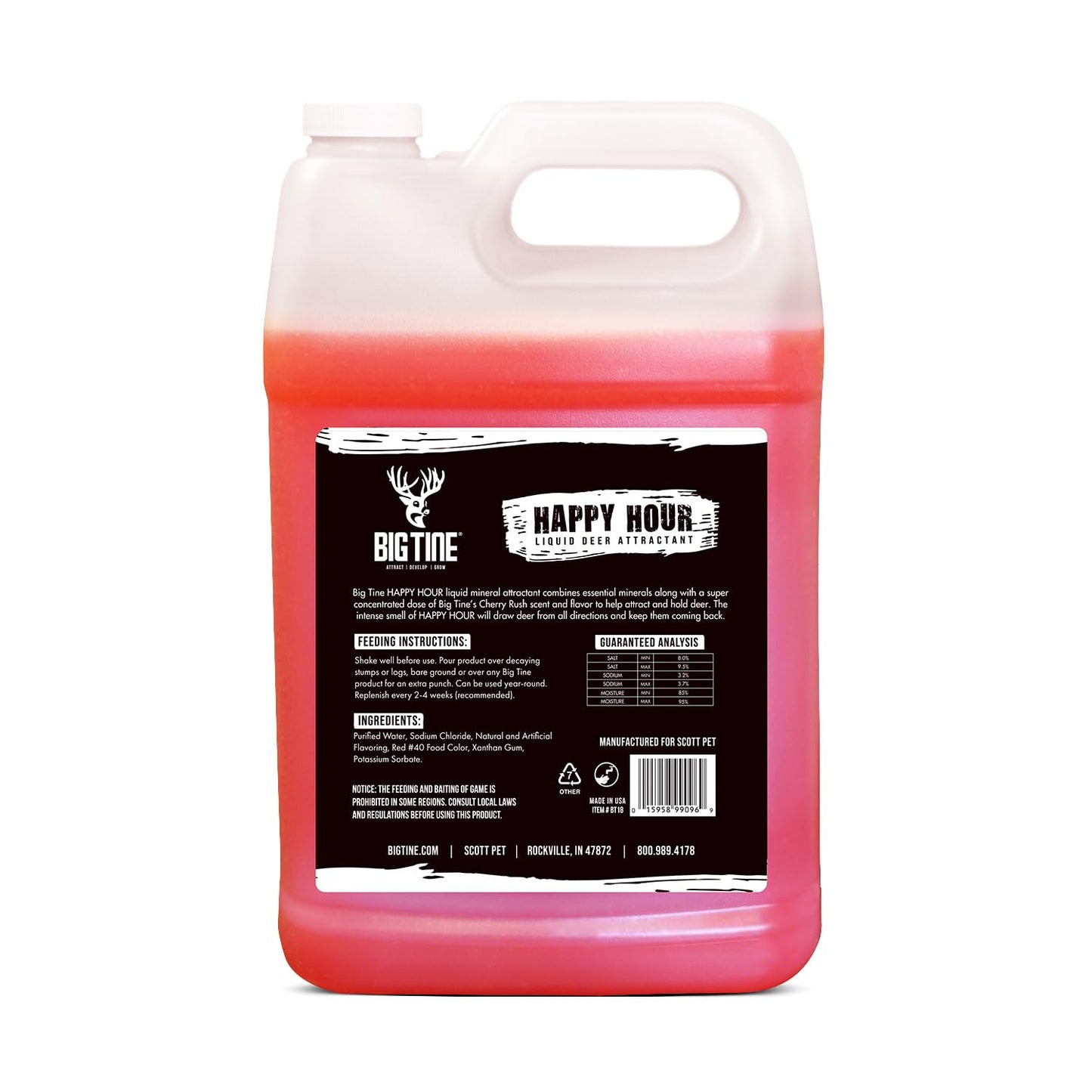 Big Tine Happy Hour, Liquid Deer Mineral Attractant, Cherry Rush Flavor, 1 Gallon Container, Powerful and Long Lasting, Concentrated Scent and Flavor