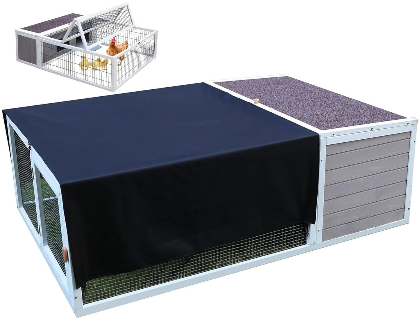 Chicken Coop with Run, 60” Rabbit Hutch with Cover Outdoor, Large Tortoise Habitat Pet Cage Wood Small Animal Poultry Cage Run with Waterproof Asphalt & Openable Roof and Side Door