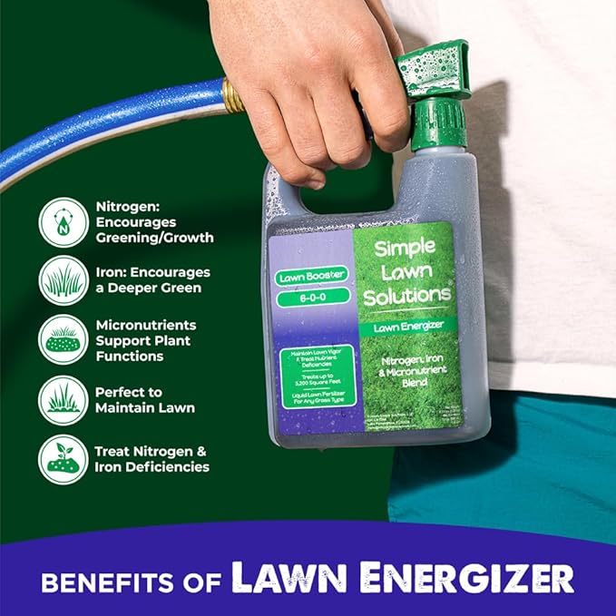 Commercial Grade Lawn Fertilizer with Iron- Liquid Fertilizer Spray- Nitrogen and Iron for Deeper Green Turf- Any Grass Type - Simple Lawn Solutions - Lawn Energizer - 32 Ounce