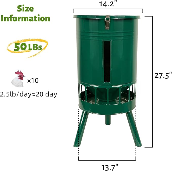 KOL Metal Chicken Feeder No Waste - 50lbs Poultry Feeder with 16 Ports, Powder Coated Rust-Proof Design & Smooth Edges for Safe Feeding (Green)