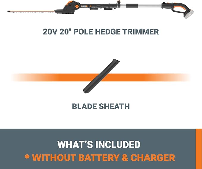 WORX WG252.9 20" 20V Cordless Hedge Trimmer, Pole Hedge Trimmer Reaches up to 12 Inches with Extended Pole, Electric Bush Trimmer with 180° Rotation Head, Battery & Charger Not Included