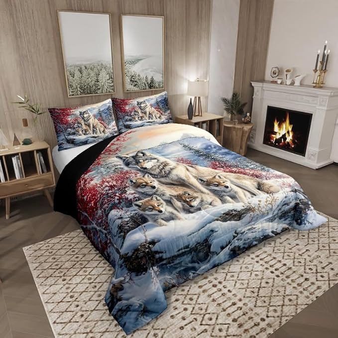 Wolf Family Comforter Sets Queen Size,Animal Wolves Printed Bedding Comforter Sets,Winter Wildlife Quilt Sets for Adult Bedroom Decor,Watercolor Natural Landscape quilt set Insert with 2 Pillowcases