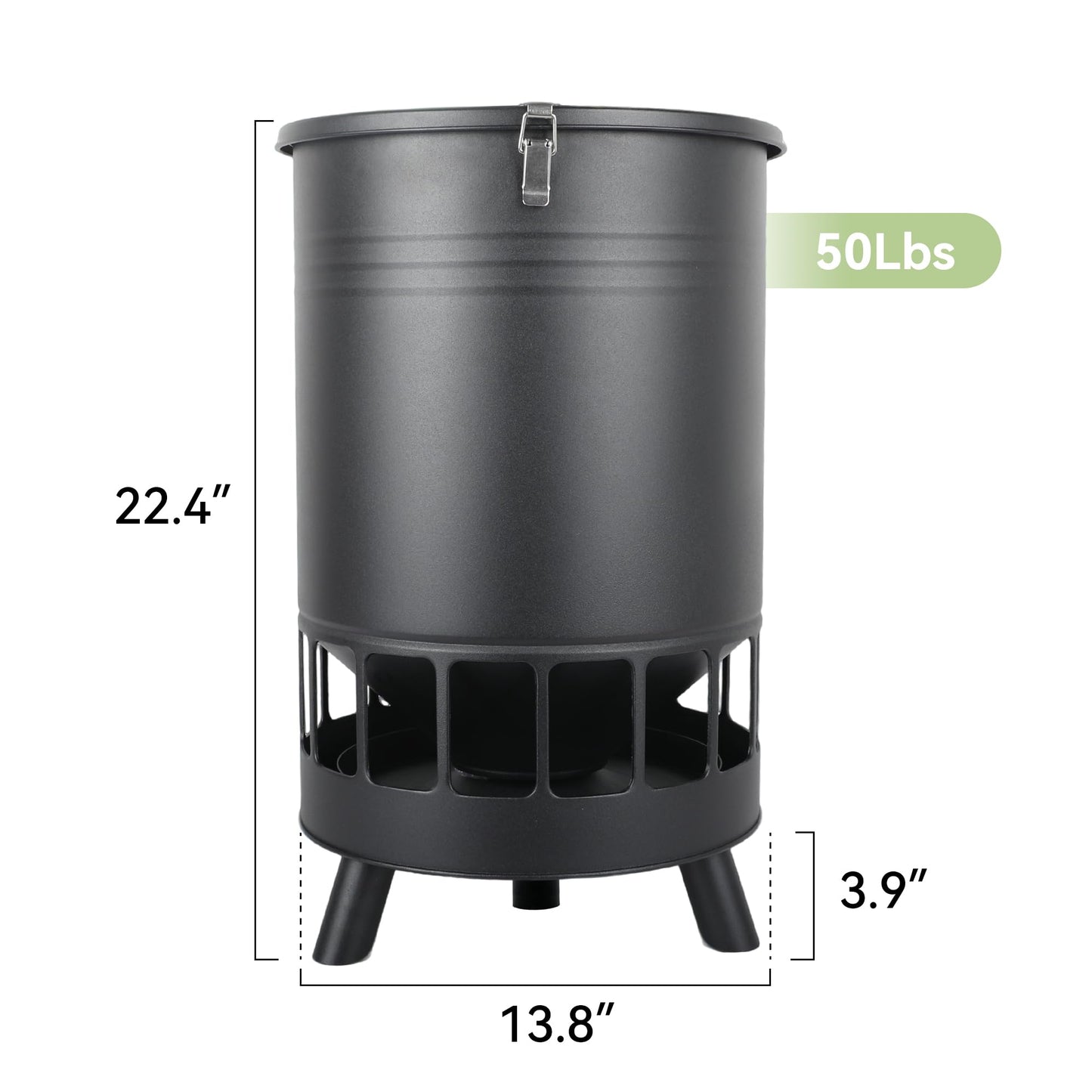 Solution4Patio 50LB No-Waste Chicken Feeder, Large Capacity Gravity Dispenser with Spill Control & 16 Feeding Ports Poultry Feeder for Outdoors & Hen Coop (Black)