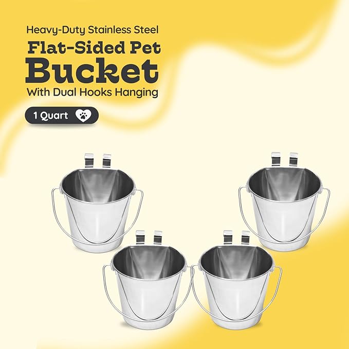 1 Quart Stainless Steel Flat Sided Pail/Dual Hooks | Hanging Bucket for Small Dogs, Cats, Birds, Rabbit, Poultry & Goats | Food & Water Bowl Fits Crates, Cages, Hutches & Farm | Pack of 4