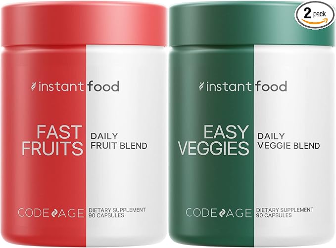 Codeage Instantfood Easy Veggies + Fast Fruits Vitamins Bundle, 30+ Daily Vegetables & Fruits Powders, Whole Food Green, Multivitamin, Fibers, Vegan Superfood Minerals Supplement - 180 Capsules