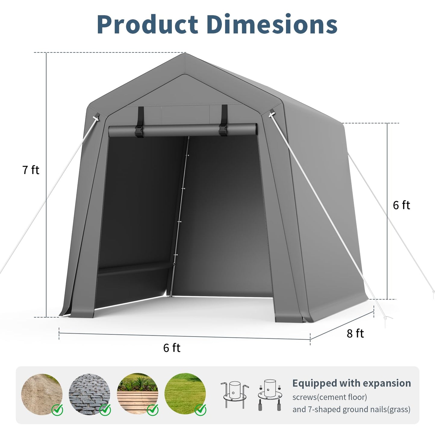 Hipicute 6'x8' Outdoor Portable Storage Shed, Waterproof & UV-Resistant Garage Shelter with 2 Roll-Up Zipper Doors, Anti-Snow Carport Tent for Motorcycle, Bike, and Outdoor Equipment, Gray
