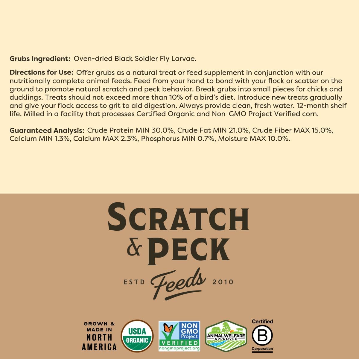 Scratch and Peck Grubs for Chickens and Ducks - 3.5 lbs Bag - Sustainably Sourced - Naturally High Protein, Calcium Dense - Dried Black Soldier Fly Larvae Bird Treats