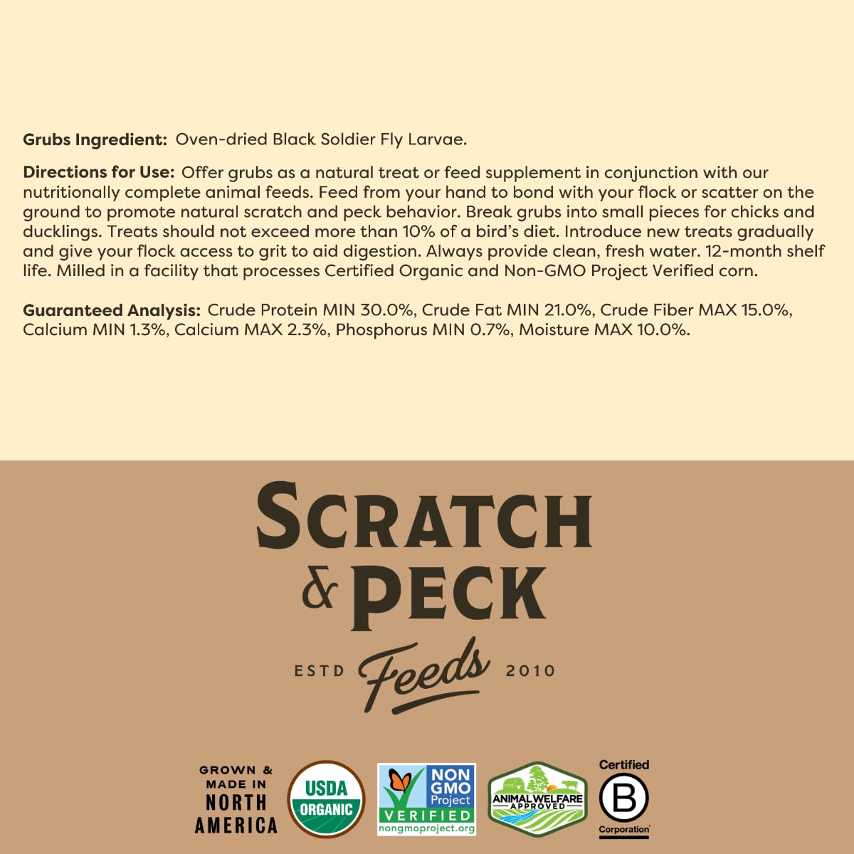 Scratch and Peck Grubs for Chickens and Ducks - 3.5 lbs Bag - Sustainably Sourced - Naturally High Protein, Calcium Dense - Dried Black Soldier Fly Larvae Bird Treats