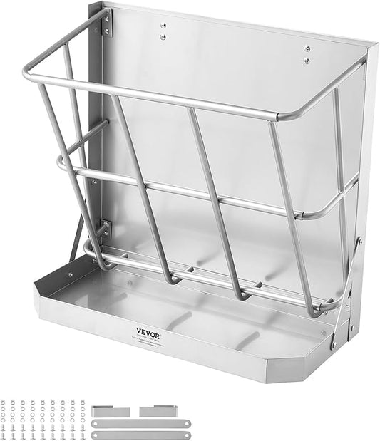 VEVOR Wall Mounted Hay Rack, 18.5 Gallon Livestock Feeder with 2.5 Gallon Feed Tray, 2 in 1 Hay and Grain Feeder, Feeds up to 5 Goats, Heavy-Duty Galvanized Steel Goat Feeders for Farm Sheep Horses