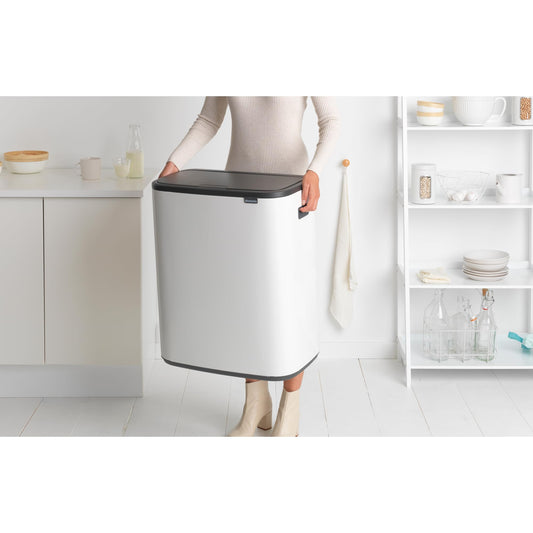 Brabantia Bo Touch Top Trash Can - 1 x 16 Gal Bucket (White) Soft Open/Close Kitchen Garbage & Recycling Can with Removable Compartment