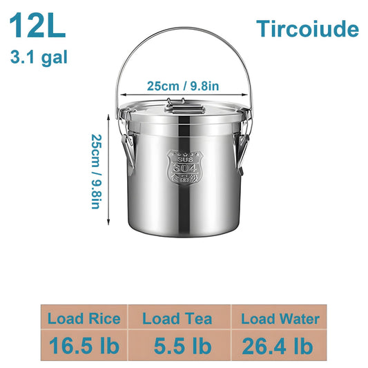 Tircoiude 304 Stainless Steel Kitchen Airtight Canister, 12L 3.1 gal Rice Oil Food Storage Bucket Transport Can with andles Airtight Lid for Rice Flour Grain Coffee Bean Pail Container