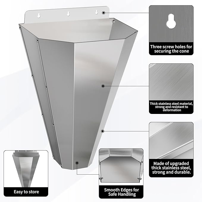 Large Chicken Cone for Butchering, Stainless Steel Kill Cone with Safety Gloves, Flat-Back Design, Chicken Processing Equipment for Farm and Backyard Poultry Up to 18 lbs (Silver)
