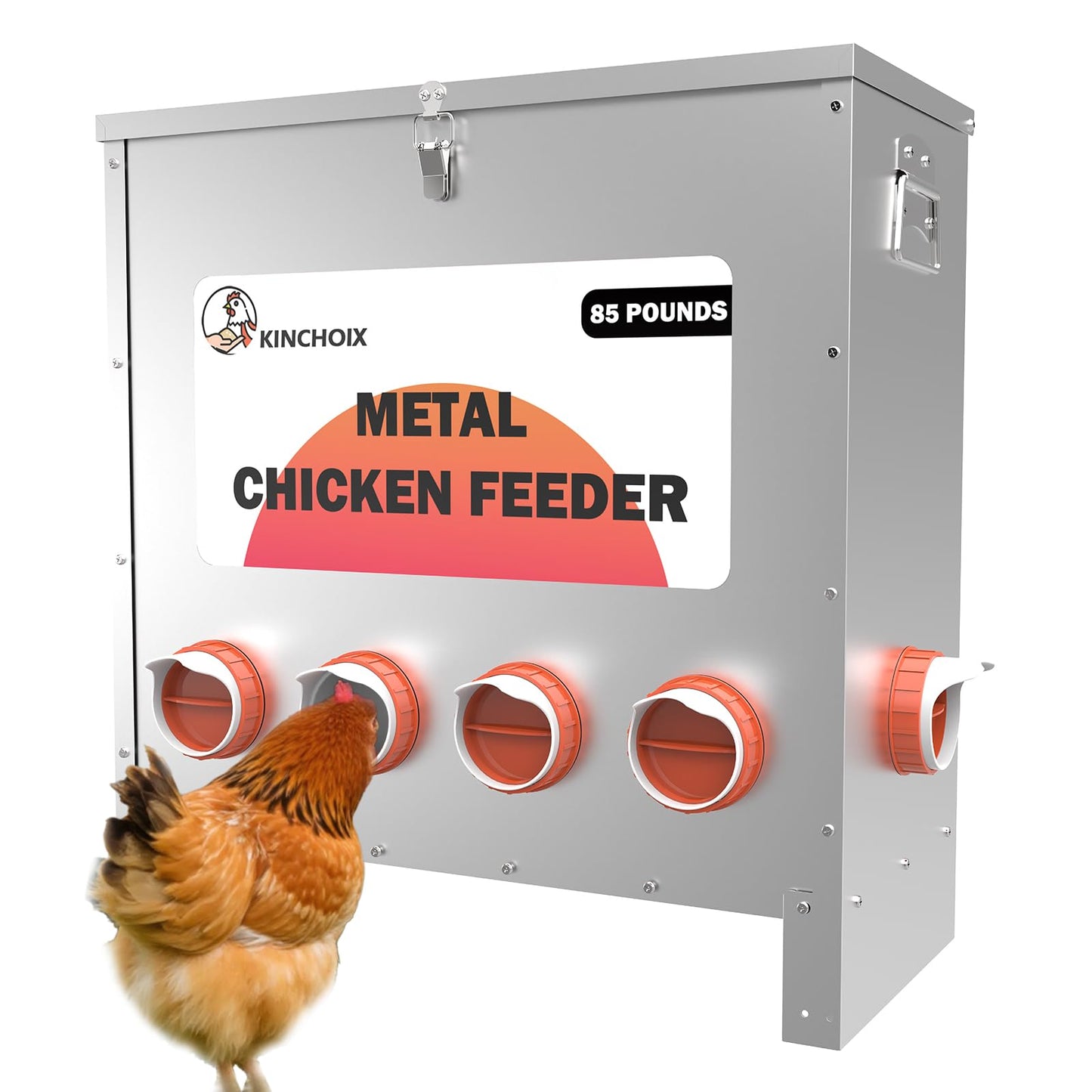 Kinchoix Metal Chicken Feeder Large Capacity 85lbs Automatic Metal Rat Proof Chicken Feeders No Waster Weatherproof Poultry Feeder for Chickens, Geese, Ducks, Turkeys, Quails (6-Port)