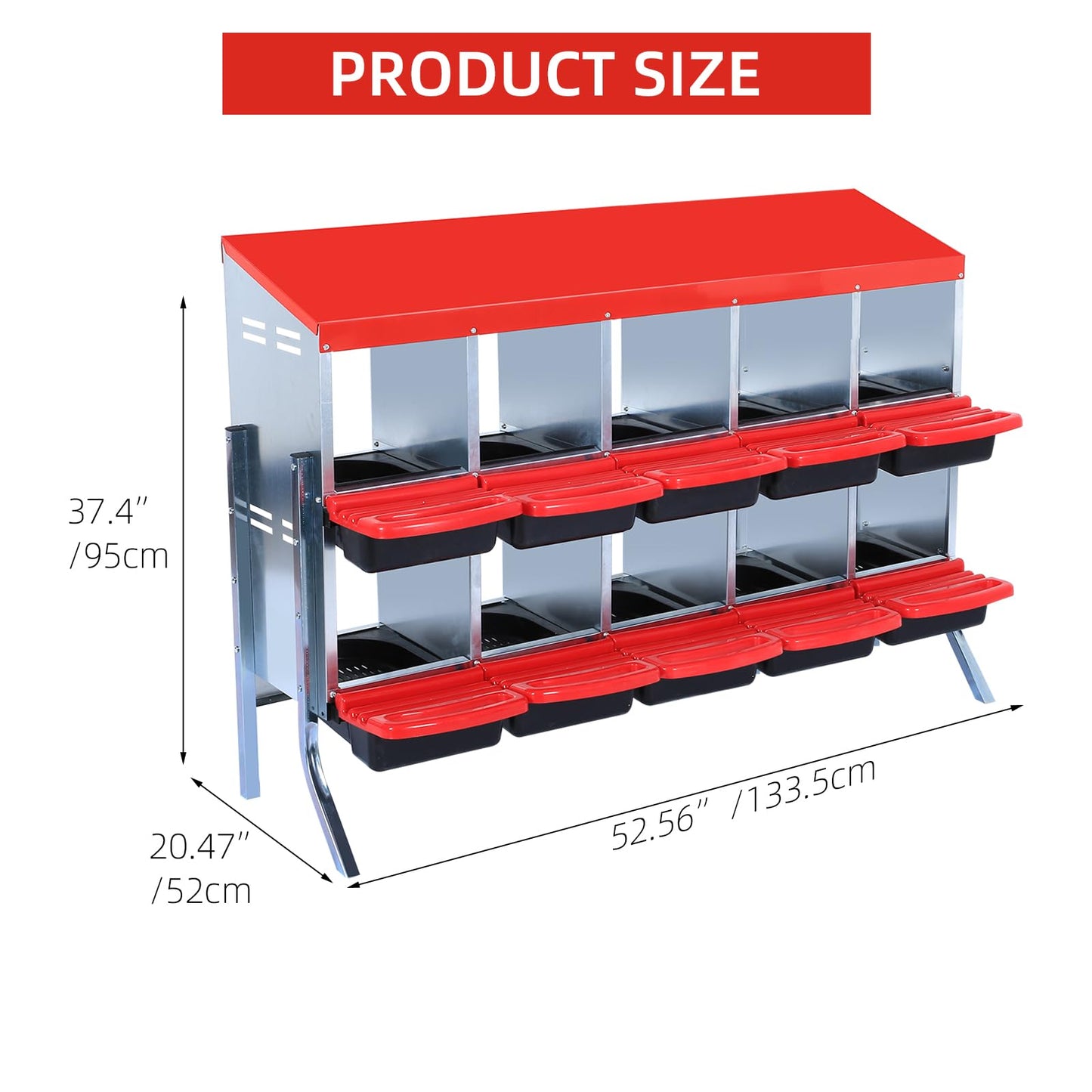 Chicken Nesting Box, 2-Tier Chicken Laying Boxes for Hens, 10 Compartments Chicken Laying Box, 10 Room Metal Nesting Boxes for Chicken, Roll Away Nest Box with Lid Cover to Protect Eggs, 10 Hole, Red