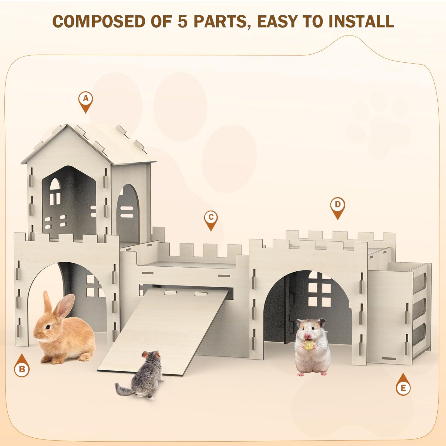Large Bunny House and Hideouts, Wooden Dual-Layer Rabbit Castle with Stair, Rubber Band-Free Setup - chew-Proof, Sturdy Habitat for Guinea Pig Chinchilla Ferret (Rabbit House with Hay Feeder)