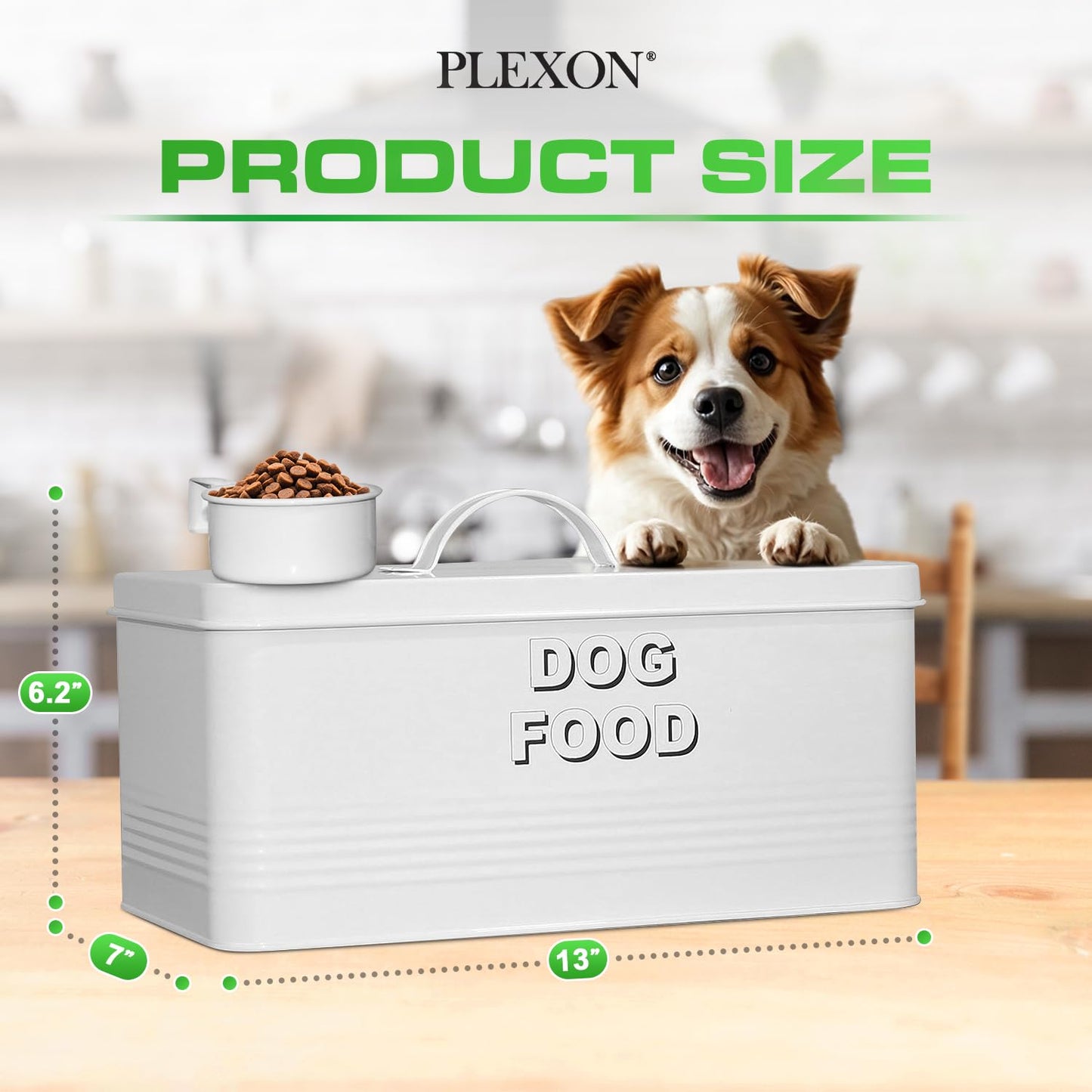 Plexon Dog Food Storage Container with Scoop, Metal Dog Food Container 10 lbs Holder Bin with Lid Small Pet Chow Storage Canister Tin, Treat Jars for Pets, 2 Gallons, White