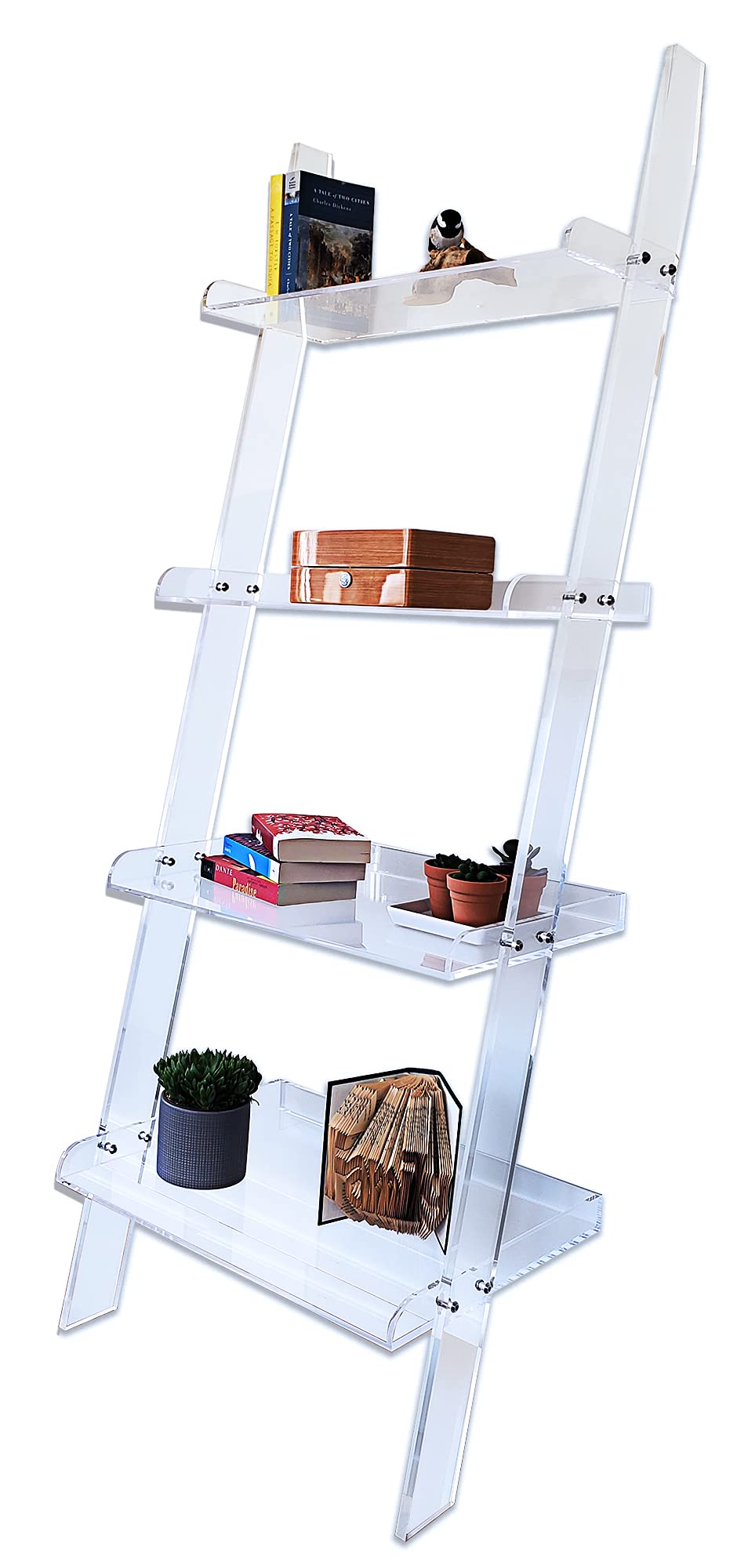 Acrylic Ladder Bookcase Wall Leaning Shelves – Large & Robust Modern Clear Floating Bookshelf - Decor Display for Open Shelving, Organizer, or Storage in the Living Room, Office, Bedroom, or Bathroom