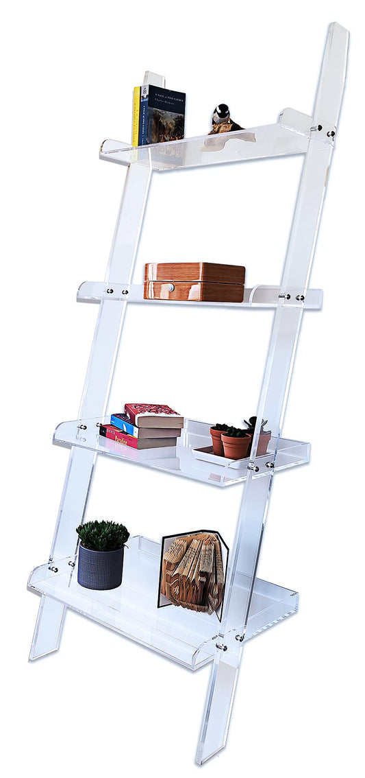 Acrylic Ladder Bookcase Wall Leaning Shelves – Large & Robust Modern Clear Floating Bookshelf - Decor Display for Open Shelving, Organizer, or Storage in the Living Room, Office, Bedroom, or Bathroom