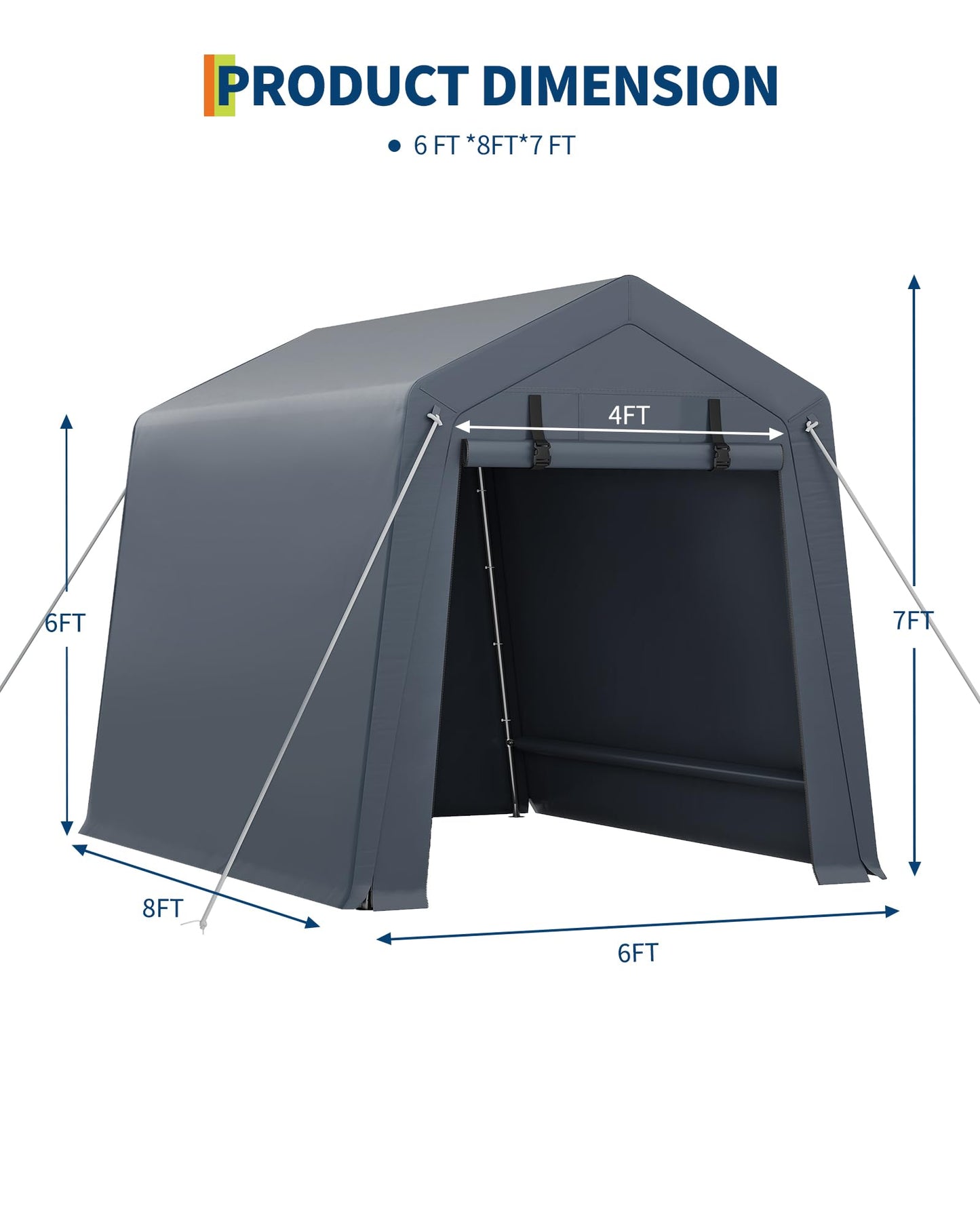 GarveeLife 6x8 FT Portable Outdoor Storage Shed with Roll-Up Zipper Door & Vent, 240G Heavy-Duty Shelter Waterproof PE Tarp, UV-Resistant Carport for Motorcycle, Firewood, Tools -Gray