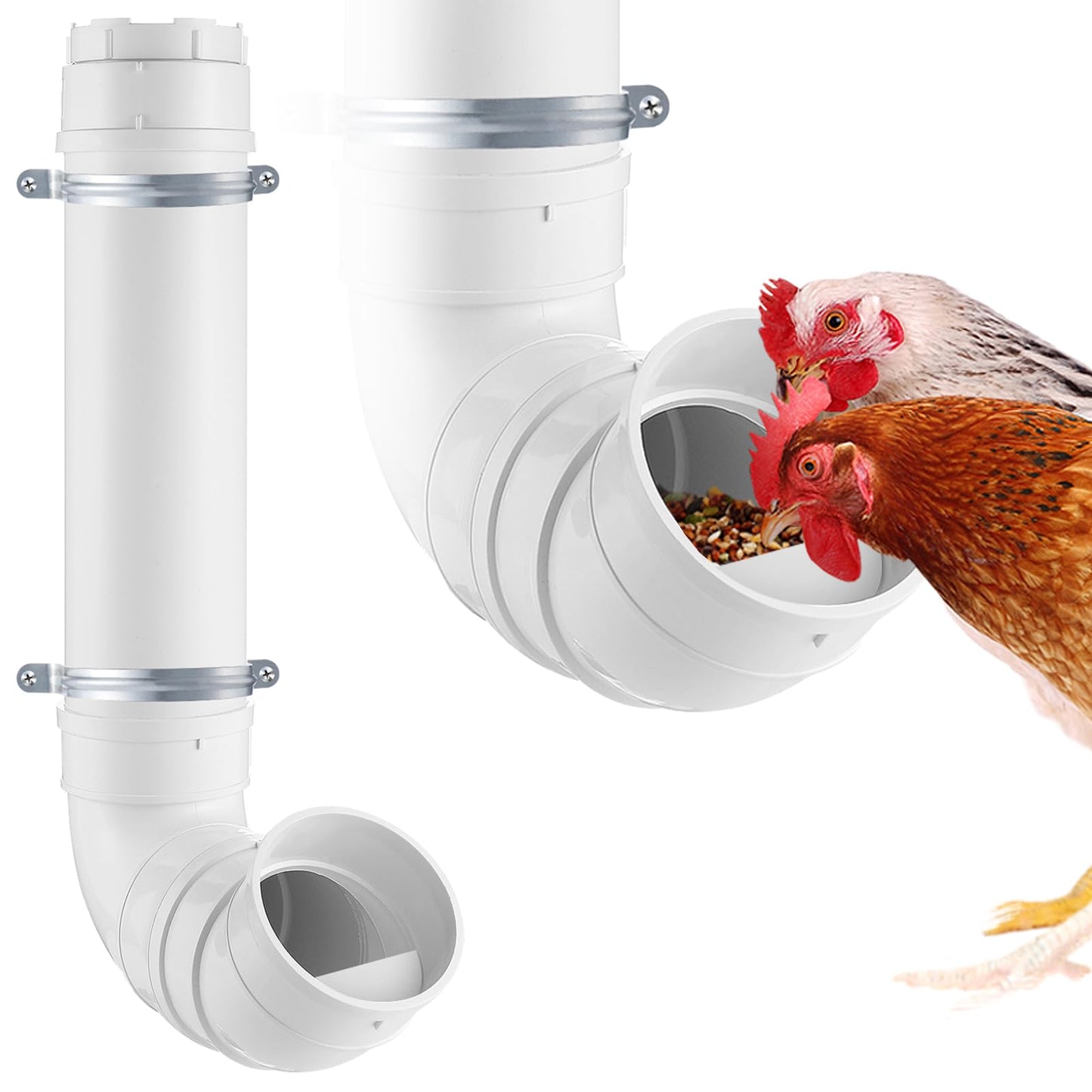 MEWTOGO Automatic Chicken Feeder No Waste - 6.6 Pounds Large Capacity Heavy Duty PVC Pipe Hanging Chicken Feeder, Poultry Gravity Feed Port for Chicken Long Feeding