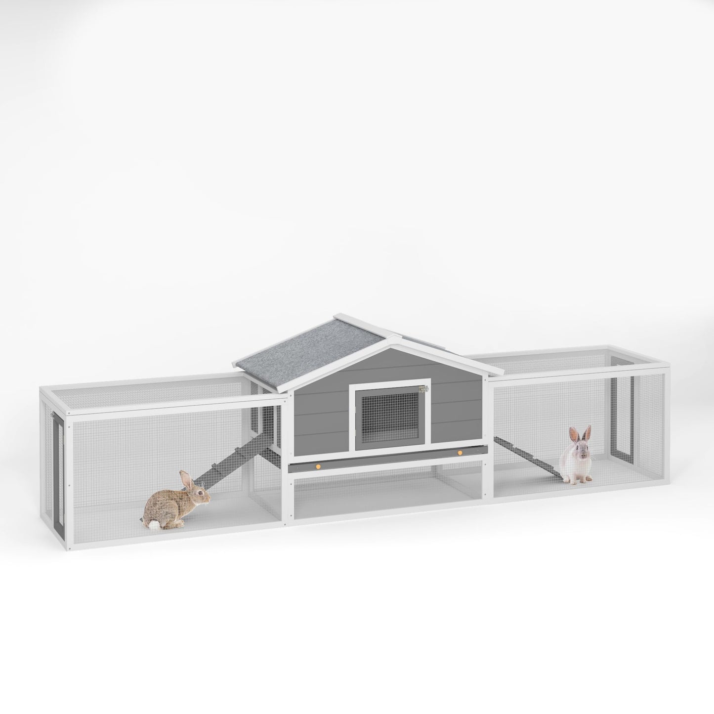 KEIKI 121.6" Extra Large Wooden Rabbit Hutch, 2 Story Bunny Hutch Poultry Pet House with Ramps, Pull-Out Tray, Double Side Runs, Waterproof Asphalt Roof, Lockable Doors for Small Animals, Gray & White
