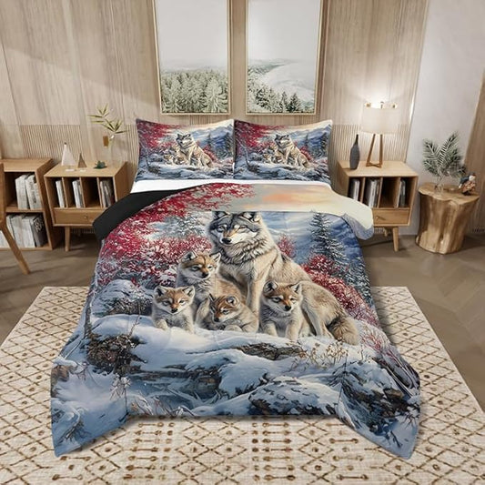 Wolf Family Comforter Sets Full Size,Animal Wolves Printed Bedding Comforter Sets,Winter Wildlife Quilt Sets for Adult Bedroom Decor,Watercolor Natural Landscape quilt set Insert with 2 Pillowcases