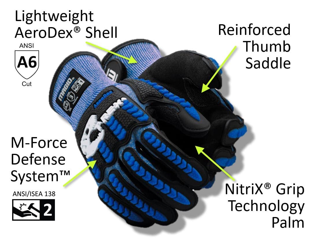 MAGID T-REX Flex Series ANSI A6 AeroDex Shell Impact Glove, 24 Pair, NitriX Coated Palm, Size 9/L, Blue, TRX685