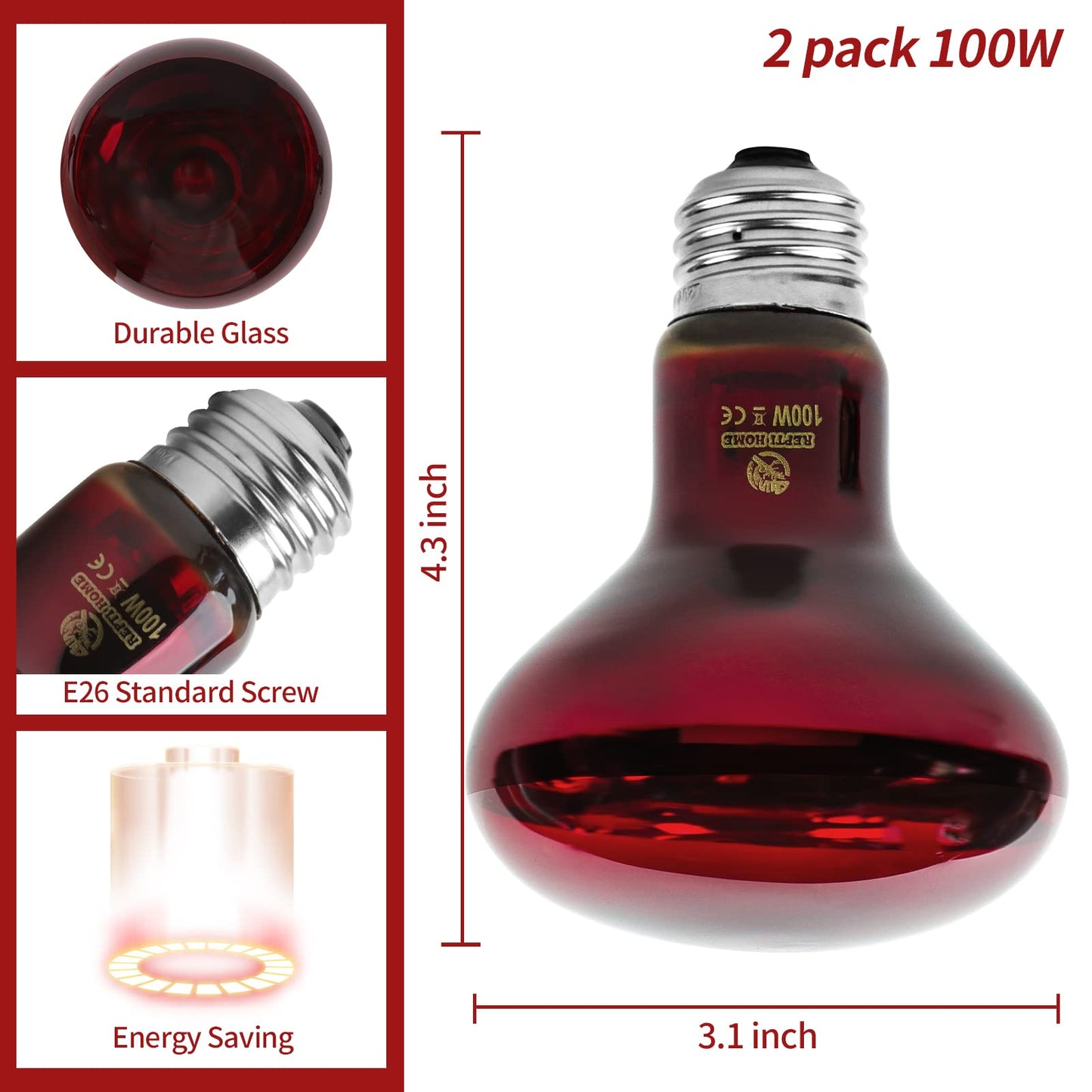 REPTI HOME Reptile Heat Lamp Bulbs,Infrared 100W Reptiles & Amphibians Basking Spot Lamp Bulb, 2 Packs Red Heat Emitter Light for Chickens Coop